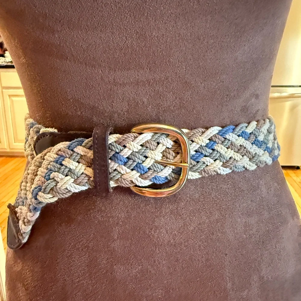 Braided Belt with Gold Buckle Leather accent nautical coastal preppy